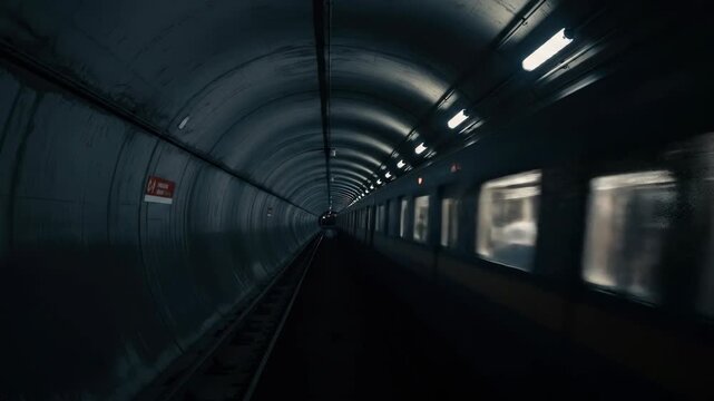 Dark train tunnel interior with rails, lights and concrete walls. Public transport and subway underground architecture.