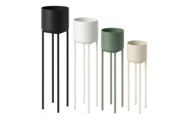 Group of modern minimalist plant pots standing on transparent background