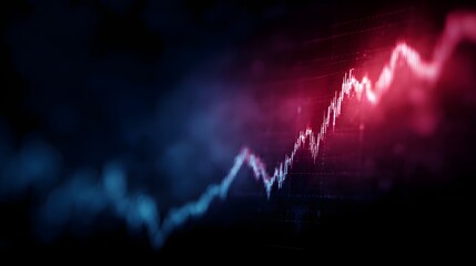 A bright digital financial graph shows a strong upward trend against a dark smoky background with blue and red hues