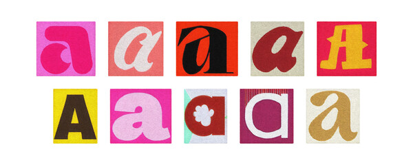 Magazine cutout letter A set, colorful typography tiles on transparent PNG
