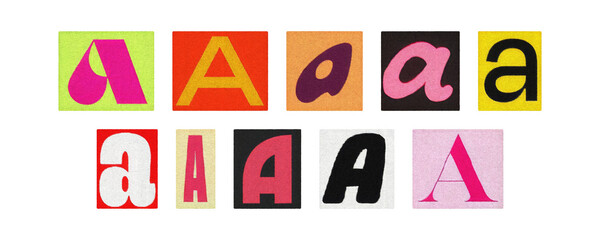 Vintage magazine letters A collection, bold typographic tiles, PNG cutouts
