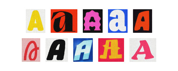 Typography letter A set in varied styles, magazine collage on transparent PNG

