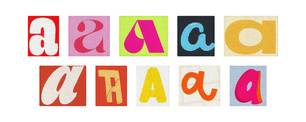 Typography letter A set in varied styles, magazine collage on transparent PNG
