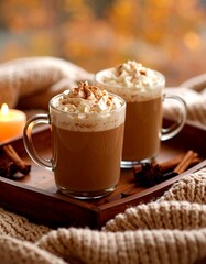 Cozy photos of warm coffee, hot chocolate, and tea