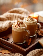 Cozy photos of warm coffee, hot chocolate, and tea