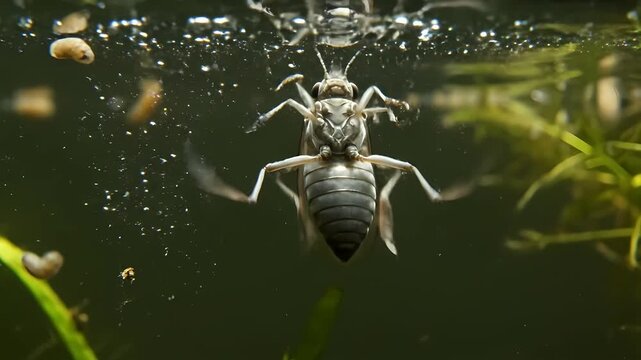 Detailed underwater macro shot of a dragonfly nymph molting its exoskeleton before metamorphosis on the water surface