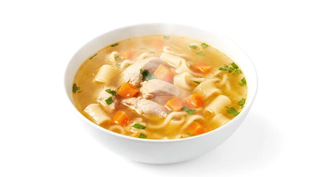A bowl of chicken noodle soup with carrots and parsley steaming slightly