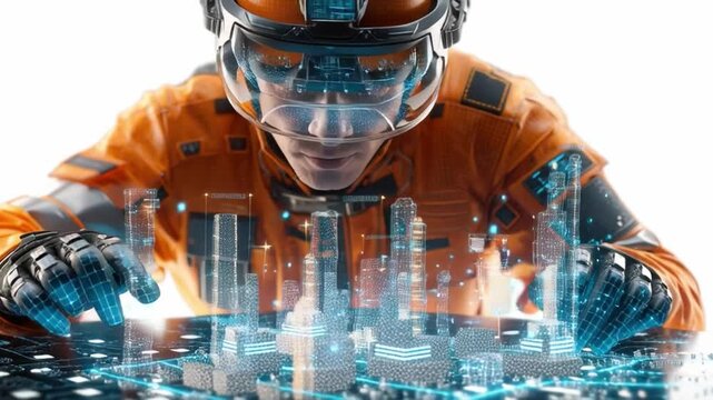 Future Vision: A futuristic worker immersed in a high-tech environment, carefully examining a holographic cityscape with focused intensity and precision, wearing an advanced suit.