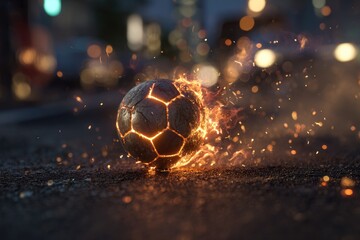 Fiery soccer ball ignites city street at night with dynamic lighting