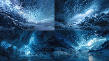 A four-panel composition depicting icy, blue caves with light shafts, creating a glacial and frozen landscape