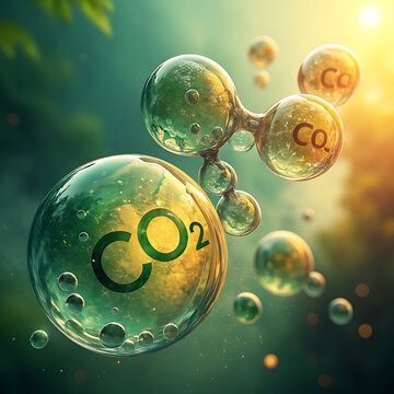 Transparent co2 molecules floating in sunlight with greenery and bubbles microscopic view illustration