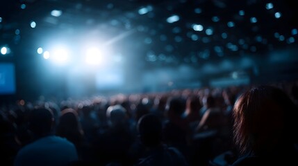 A blurred view of a large audience in a dimly lit venue illuminated by bright stage lights during an event