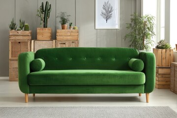A modern living room boasts a lush emerald green sofa, accented by wooden crates and houseplants.