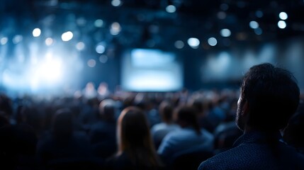 A large audience watches a bright stage presentation in a dark conference hall with professional lighting