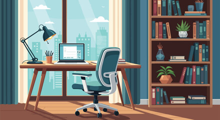 Modern open-plan office interior with organized workstations, computers, and ergonomic chairs, featuring large windows with a city skyline view in daylight