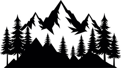 Obraz premium Snowy peak mountain silhouette, Forest landscape vector, Wilderness scenery illustration