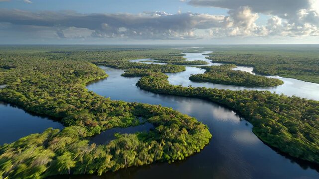 Aerial view of river delta with winding streams, natural landscape scene perfect for travel, exploration, environment and stunning panoramic background imagery.