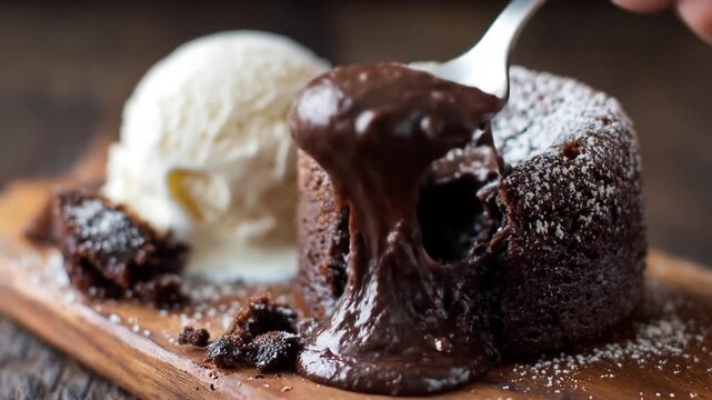 Delicious chocolate lava cake with ice cream dessert on wooden board
