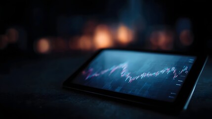 Digital tablet displays a dynamic financial market chart with fluctuating trends against a blurred atmospheric background