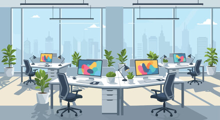 Modern Open Office Space with City View Desks, Chairs, Plants, Computers, and Natural Light for a Productive Work Environment