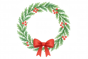 Christmas wreath watercolor illustration with red bow and holly berries, evergreen festive holiday decoration, transparent background