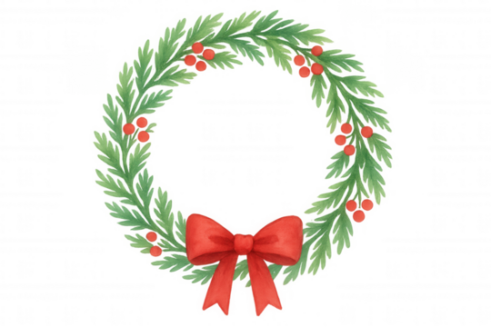 Christmas wreath watercolor illustration with red bow and holly berries, evergreen festive holiday decoration, transparent background - Powered by Adobe