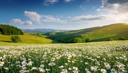 Beautiful Natural Rural Field Scenery With Blooming Daisy Flower Field In Meadow In Hilly Countryside