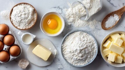 Ingredients for baking: flour, eggs, butter, and milk arranged on a marble surface, ideal for cooking projects.