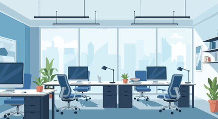 Modern office interior with open space layout, computer workstations, and panoramic windows showing a city skyline. Professional business workplace concept