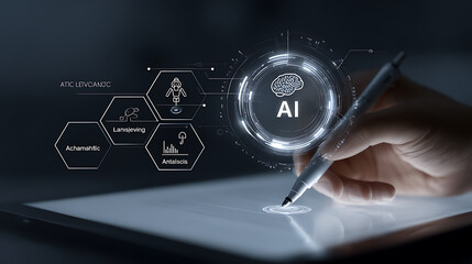 AI Concept with Hand Using Stylus on Tablet Displaying Neural Network and Hexagonal Icons artificial intelligence