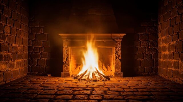 Cozy fireplace with blazing fire and stonework walls and floor at night. Warm, comfortable fire.