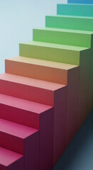 Rainbow-hued staircase, smooth texture, gradient colors, ascending steps, showcasing product placement, mockup, blank space, free space for text or logo, ideal for advertisement