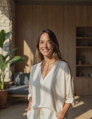 Mindfulness coach smiling warmly in a wellness center setting