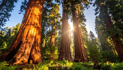 Giant sequoia trees bathed in sunlight