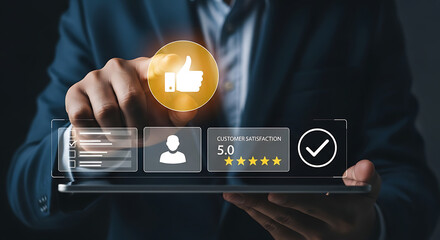 Businessman using tablet with customer satisfaction 5-star rating, thumbs up icon, positive feedback survey and digital client experience review concept