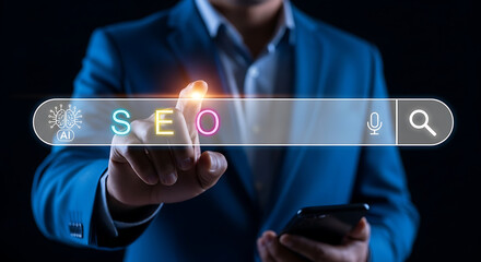 Businessman touching glowing SEO text in digital search bar, online marketing strategy, website ranking optimization and artificial intelligence technology concept