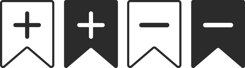add and remove bookmark icon set. Bookmark add or remove symbol. Bookmark icon with plus and minus sign. Save and unsave bookmarks concept