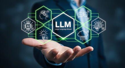 Businessman holding digital LLM large language model icon with artificial intelligence, neural network, cloud computing and machine learning technology concept