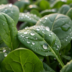 A close-up of fresh spinach leaves covered in sparkling dewdrops, highlighting crisp textures