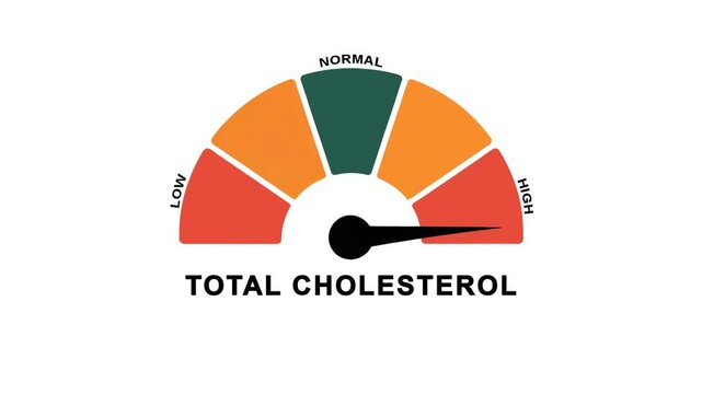 Animated total cholesterol level meter moving from high level to normal level, ideal for concepts related to heart health, lipid management, and medical monitoring.