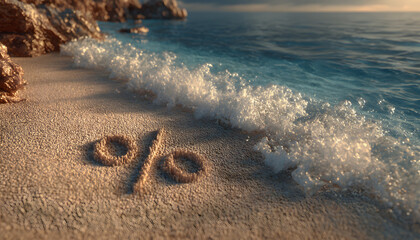Beach scene featuring a percentage sign in the sand, with ocean waves, highlighting a summer sale promotion