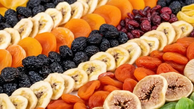 Variety of dried fruits featuring apricots, bananas, prunes, figs, cranberries for healthy eating snack. Mixed dried fruit background, food concept.