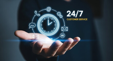 Businessman holding glowing 24/7 customer service icon with digital communication symbols, AI support, hotline, email and global assistance concept
