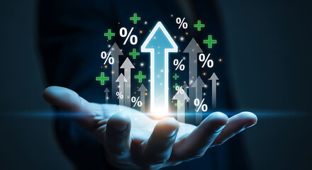 Businessman hand holding glowing upward arrows with percentage signs, business growth, profit increase, financial success and investment strategy concept