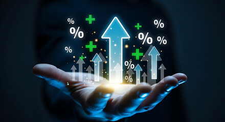 Businessman holding glowing upward arrows with percentage symbols, financial growth, profit increase, business success and economic investment concept
