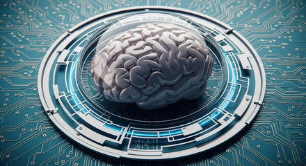 3D rendered brain on a technological circuit board, within a circular display, showcasing artificial intelligence and neural network concepts
