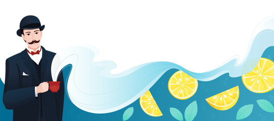 Vector illustration of a gentleman in a suit holding a hot drink. Steam turns into waves with lemon slices and leaves, with empty space for text. Perfect for tea, coffee, lemonade ads and your design.