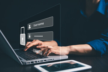 User accesses secure internet system through advanced high technology, username, password, ensuring...
