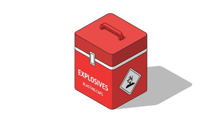 Isometric Illustration of a Red Explosives Box with Blasting Caps Warning