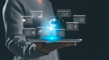 Futuristic AI assistant chatbot with digital interface floating above tablet, symbolizing innovation, technology, smart solutions, education, business and artificial intelligence support.